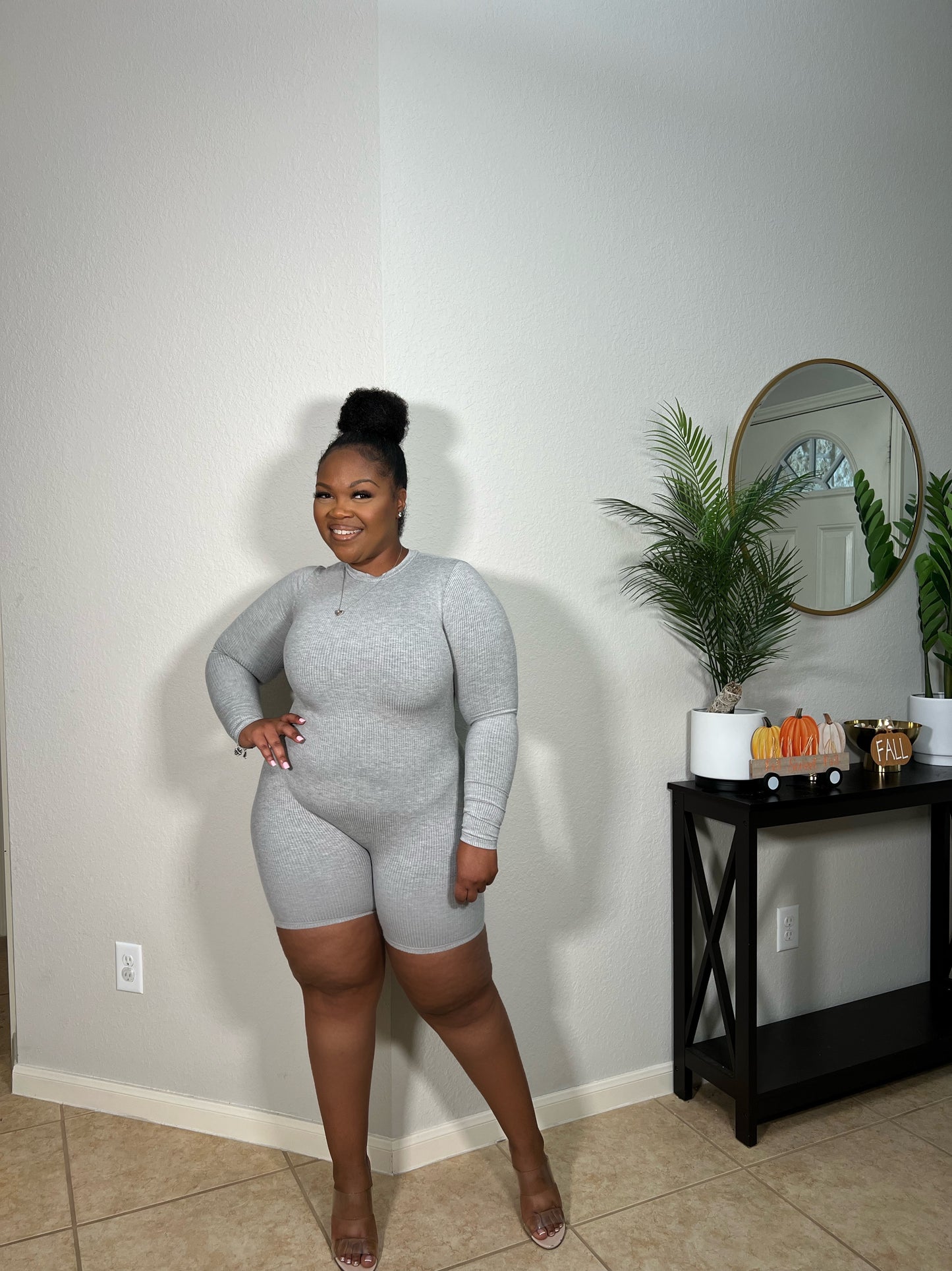 Sculpted Ribbed Long Sleeve Romper |Grey