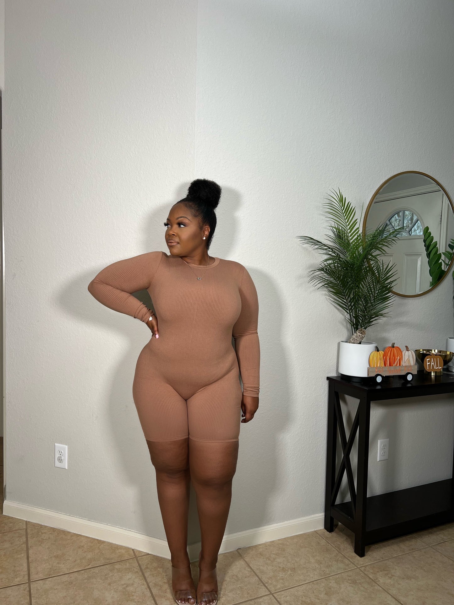 Sculpted Ribbed Long Sleeve Romper |Nude