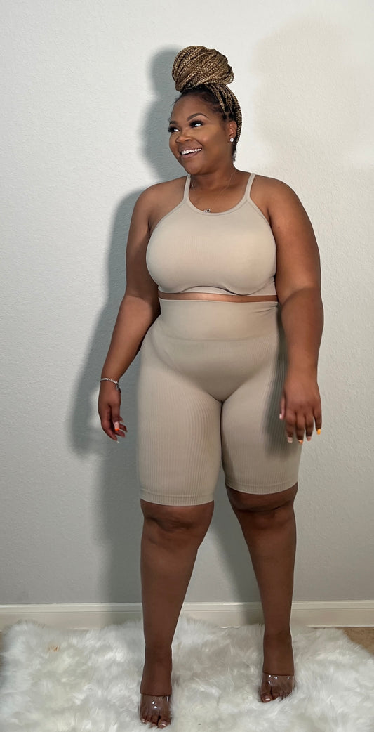 Ribbed Seamless Biker Short Set| Ash Mocha