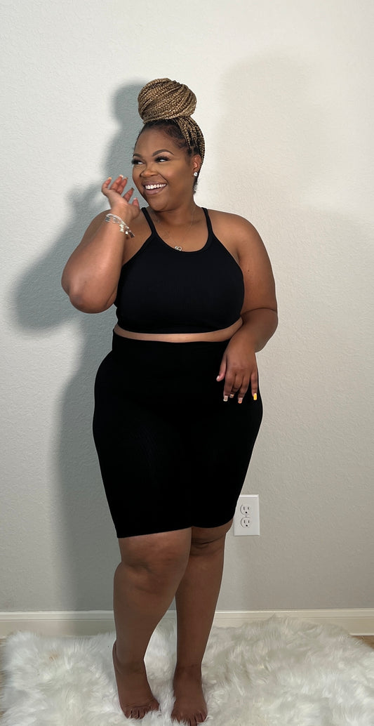 Ribbed Seamless Biker Short Set| Black