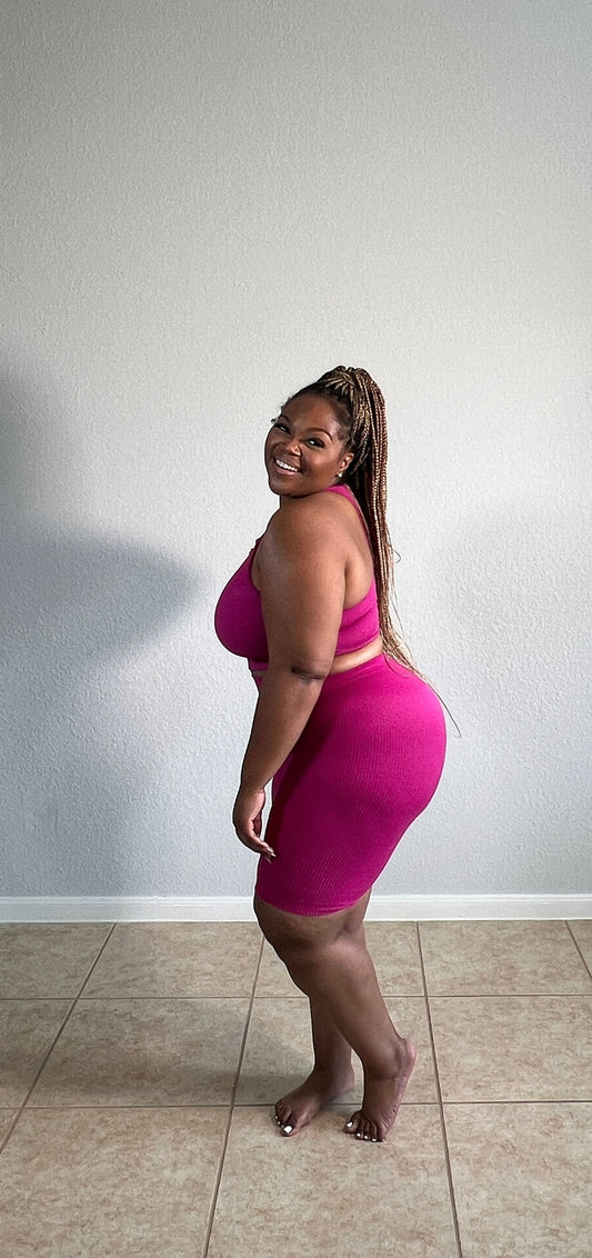 Ribbed Seamless Biker Short Set| Magenta