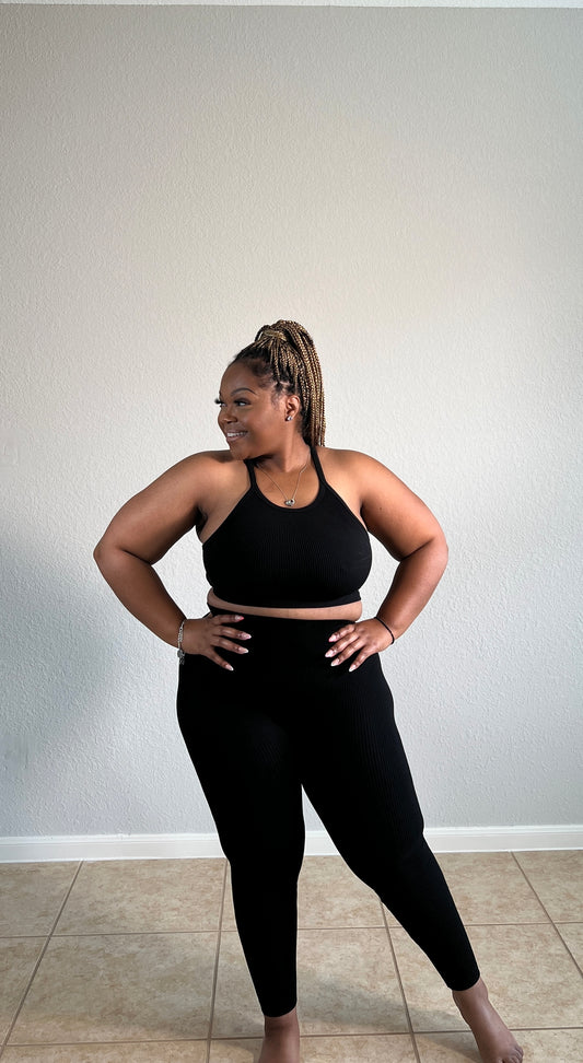 Seamless Ribbed Legging Set| Black
