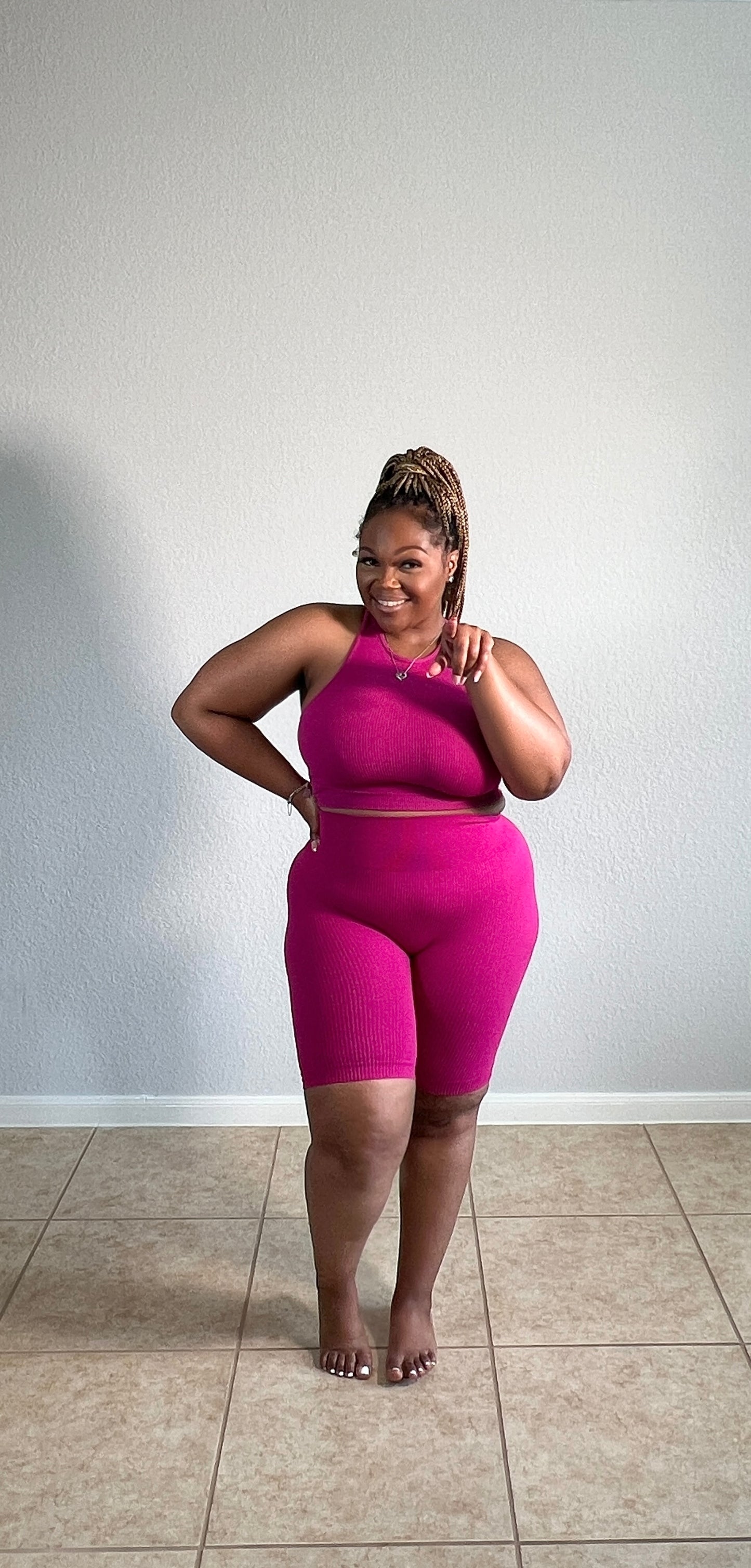 Ribbed Seamless Biker Short Set| Magenta