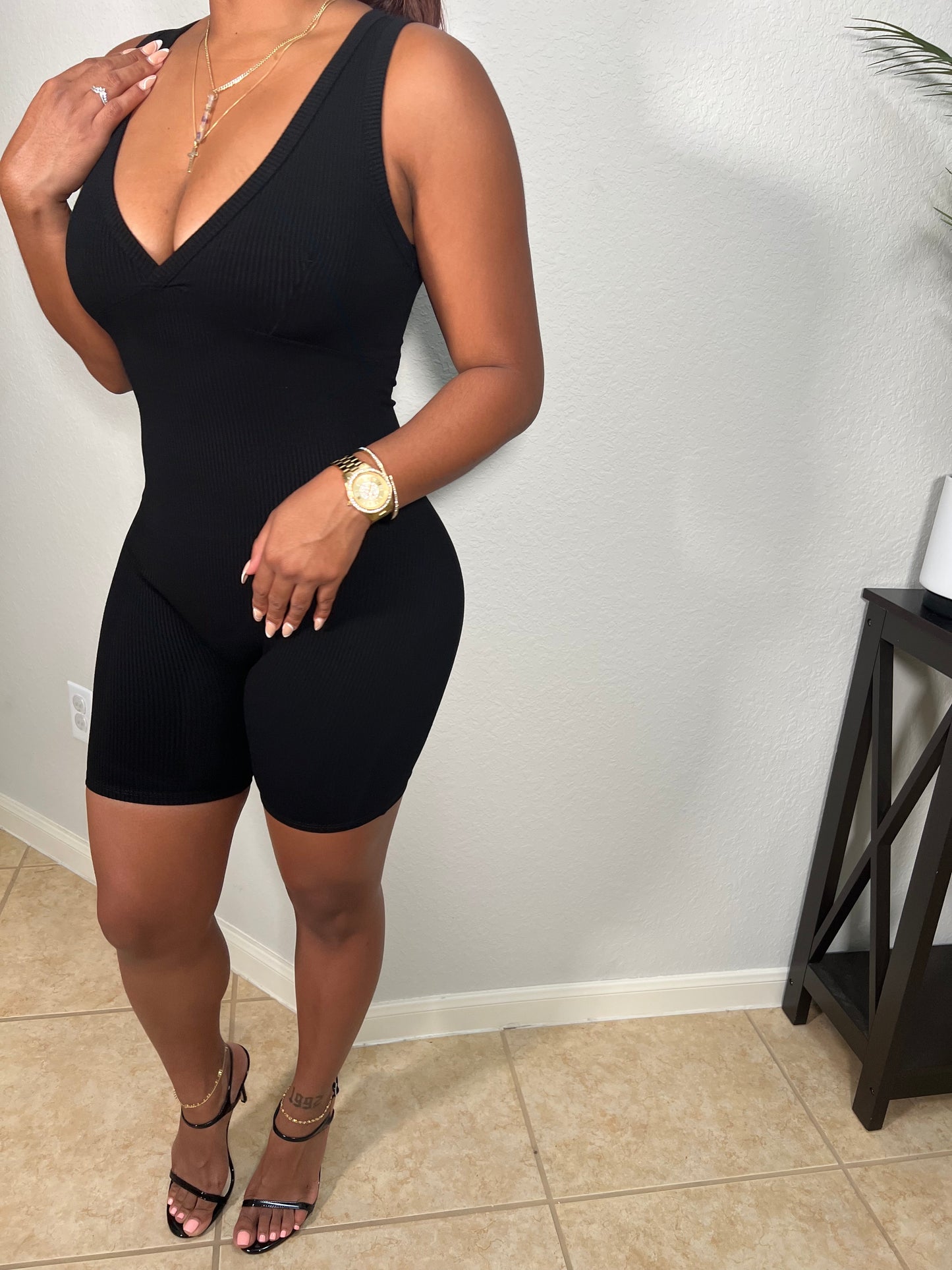 Deep V Sculpted Ribbed Romper | Black