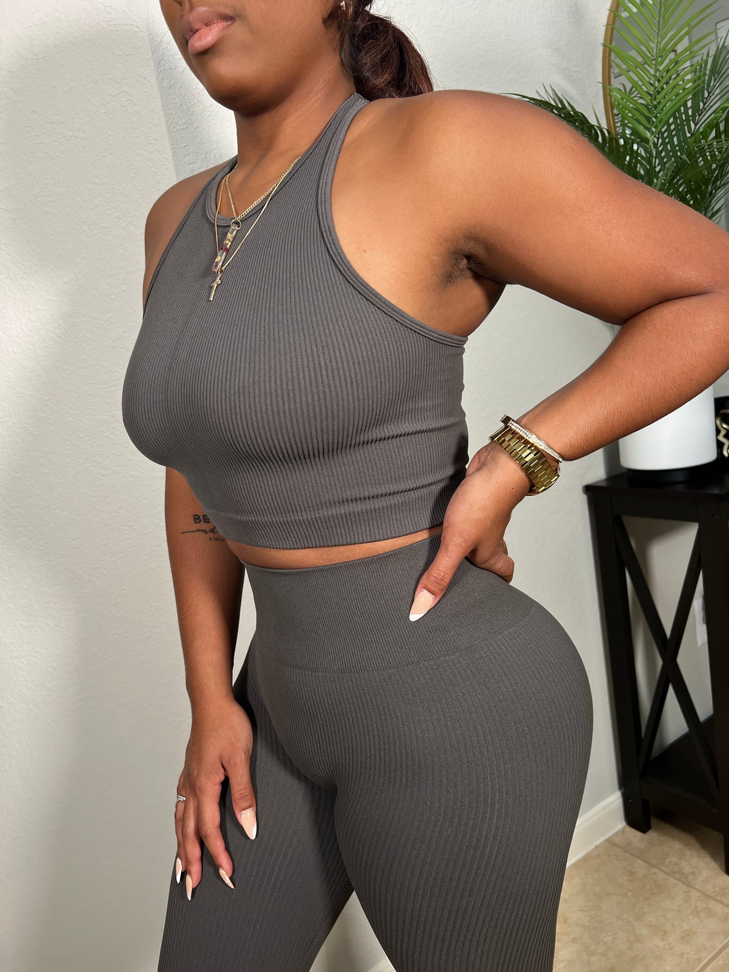 Seamless Ribbed Legging Set| Grey