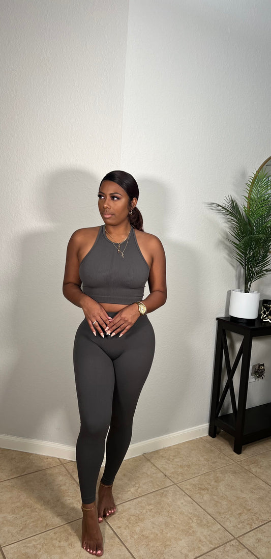 Seamless Ribbed Legging Set| Grey