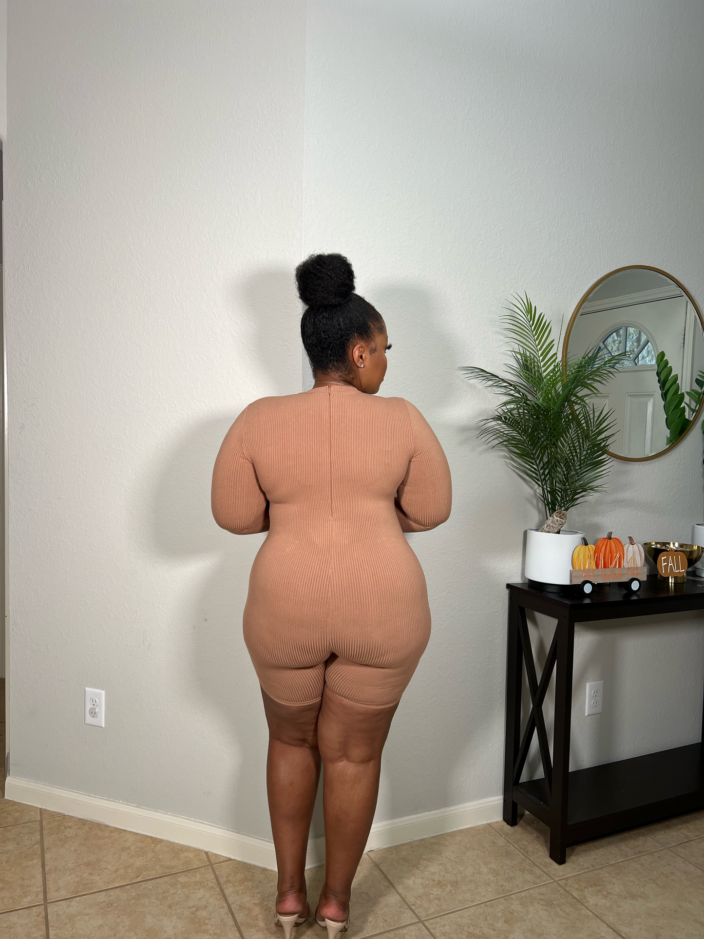 Sculpted Ribbed Long Sleeve Romper |Nude
