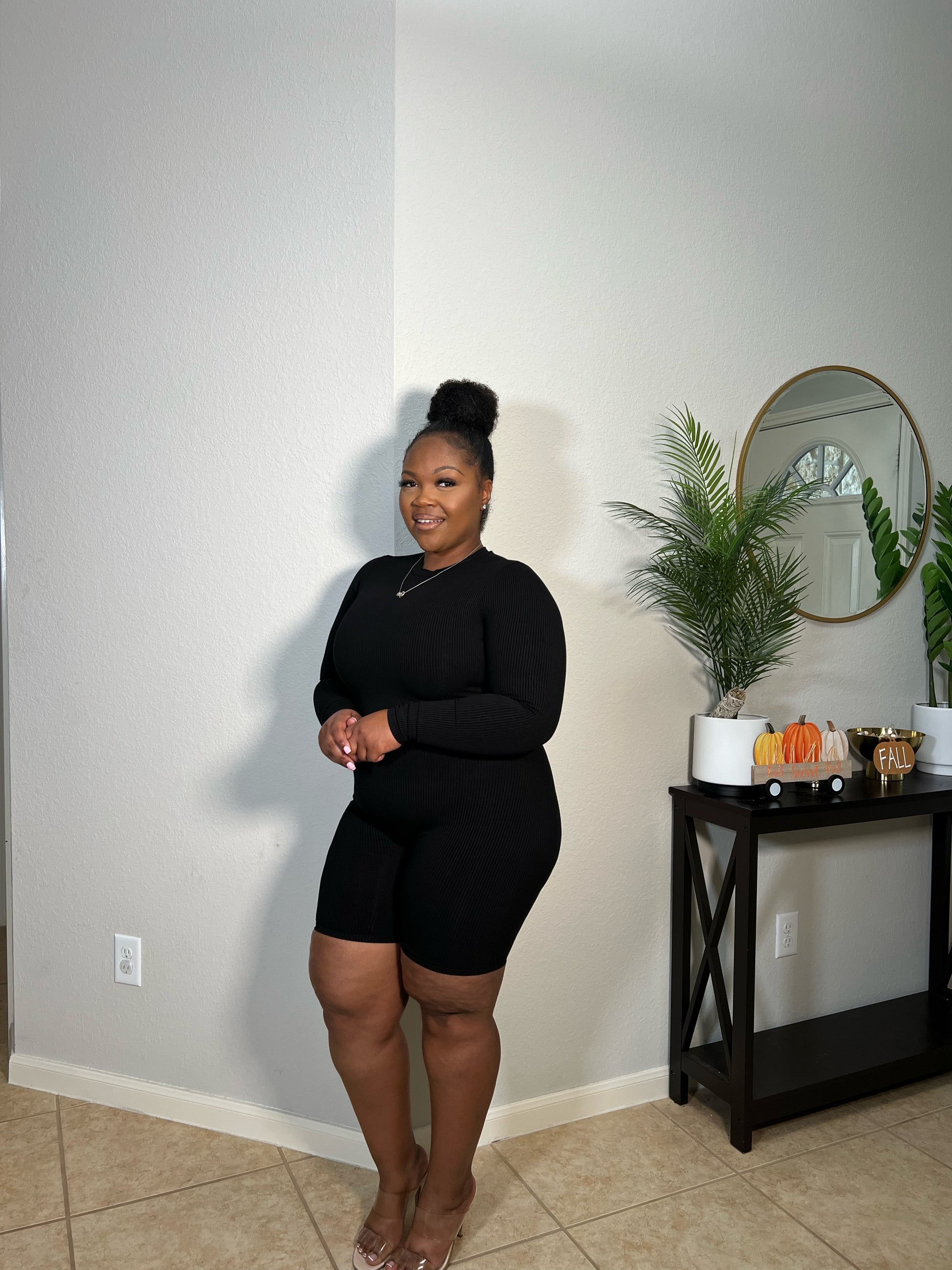 long sleeve black romper dress Black Skort Romper - Long Sleeve Romper - Backless Skort Romper