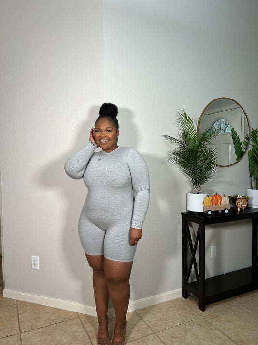 Sculpted Ribbed Long Sleeve Romper |Grey