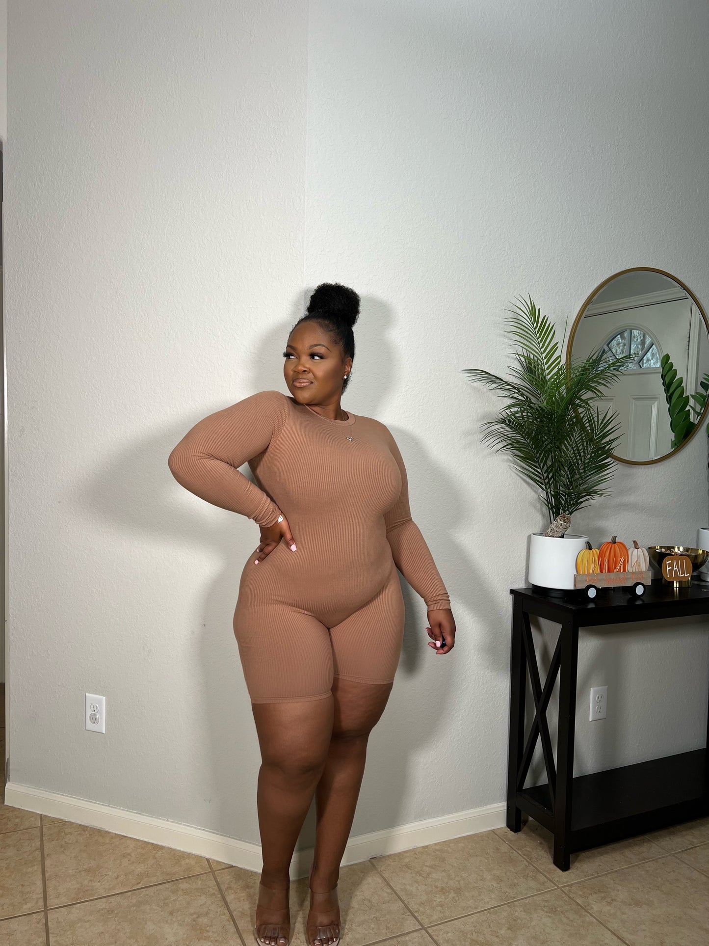 Sculpted Ribbed Long Sleeve Romper |Nude